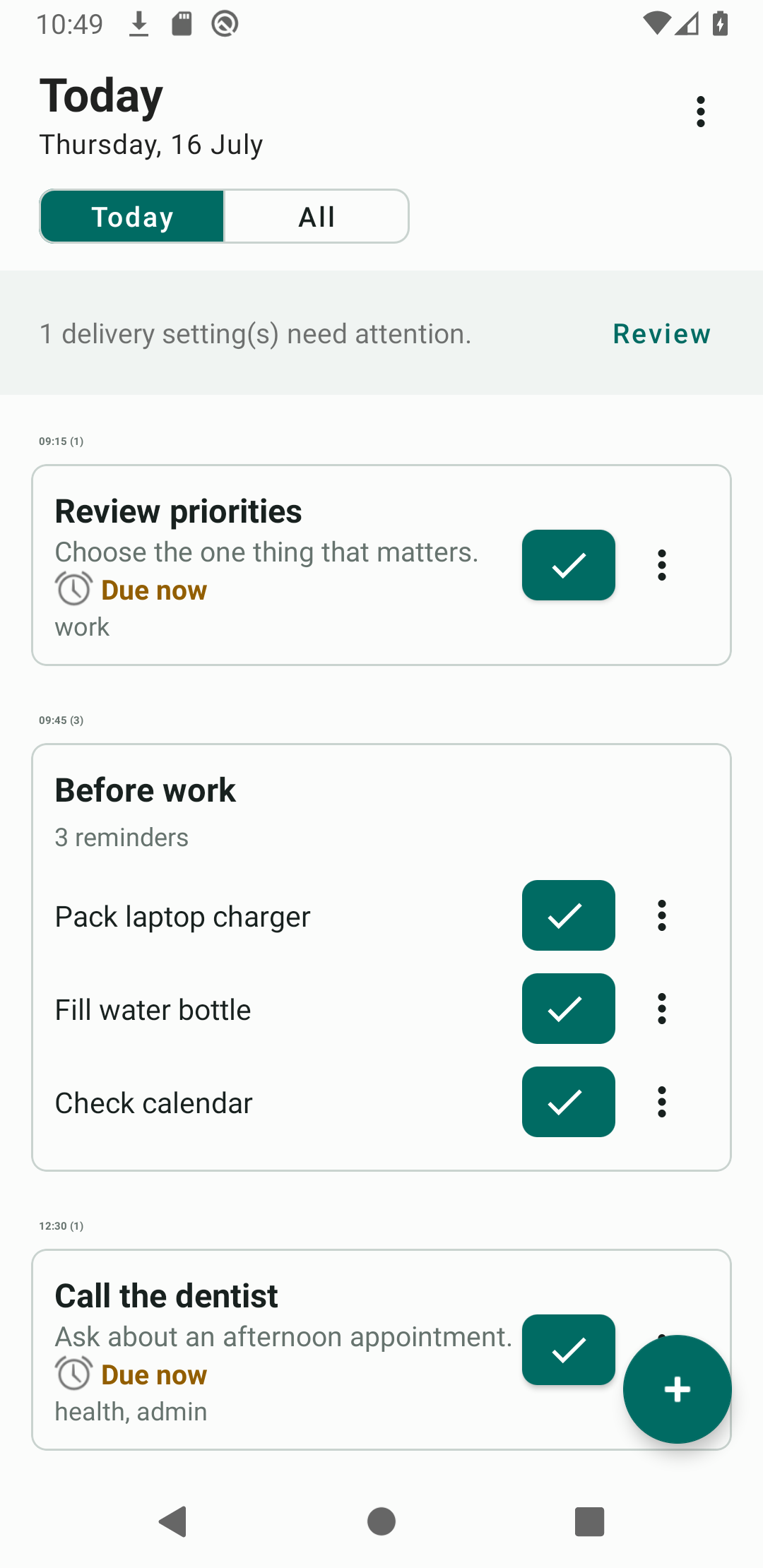 Remind's Today agenda showing a grouped checklist of three reminders due before work