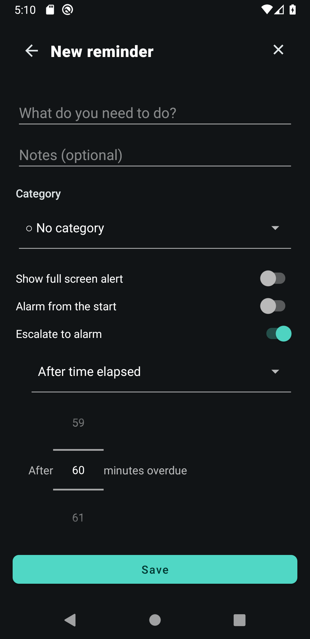 The reminder editor with Escalate to alarm enabled, set to trigger after 60 minutes overdue
