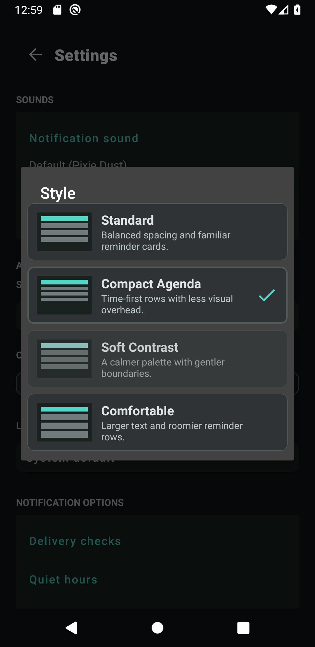 The style picker showing four agenda density options: Standard, Compact Agenda, Soft Contrast, and Comfortable