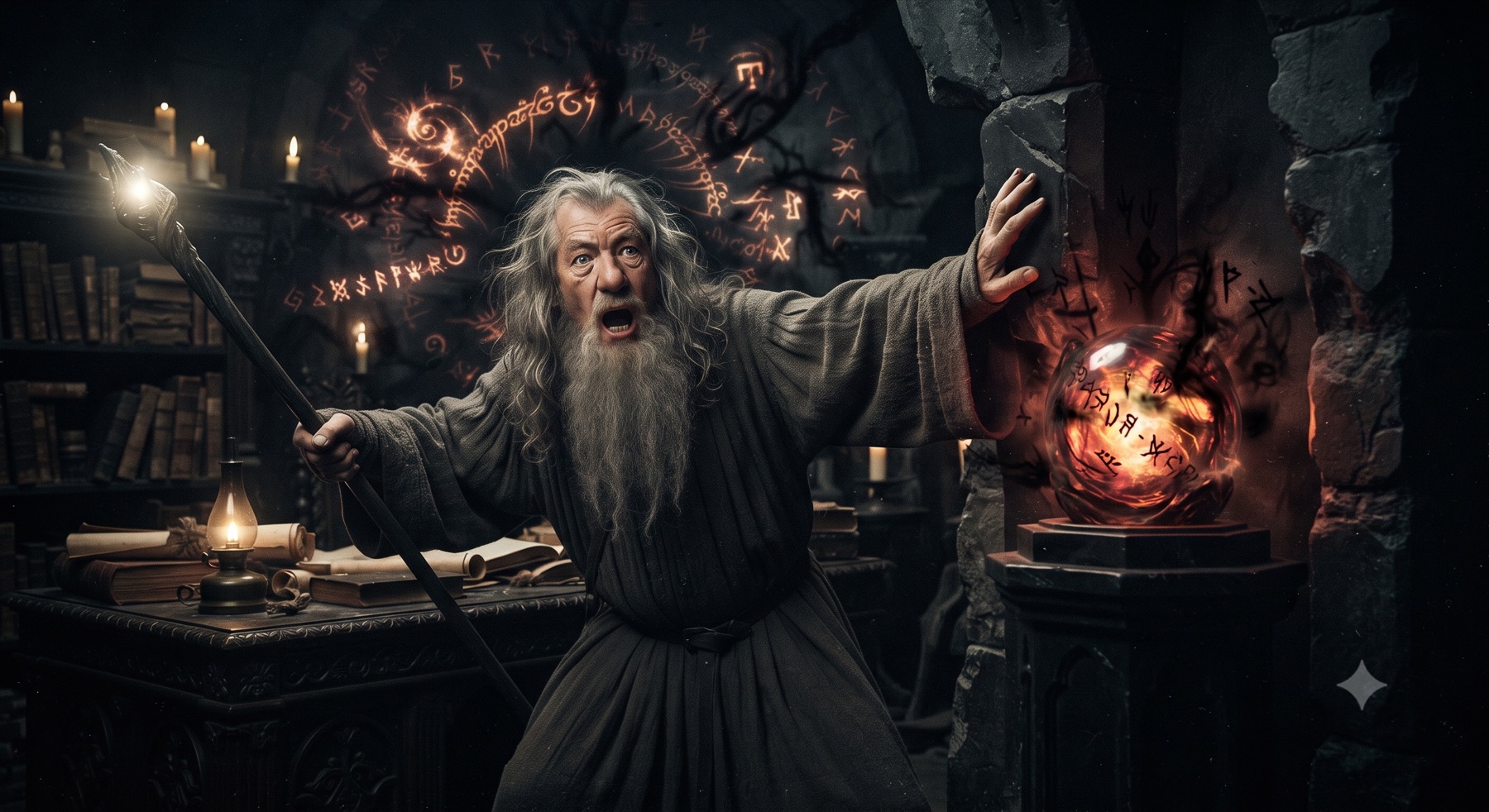 Gandalf recoiling from a glowing palantír surrounded by fiery runes