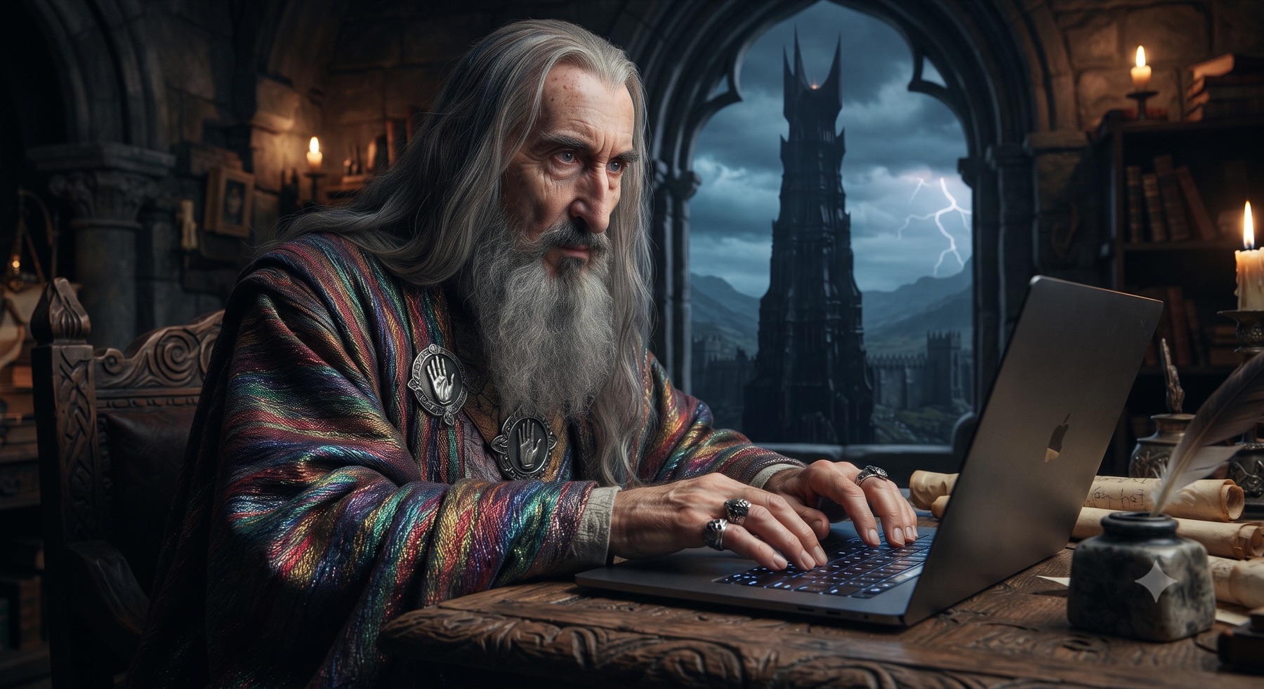 Saruman in many-coloured robes using a laptop in Orthanc, with Barad-dûr visible through the window