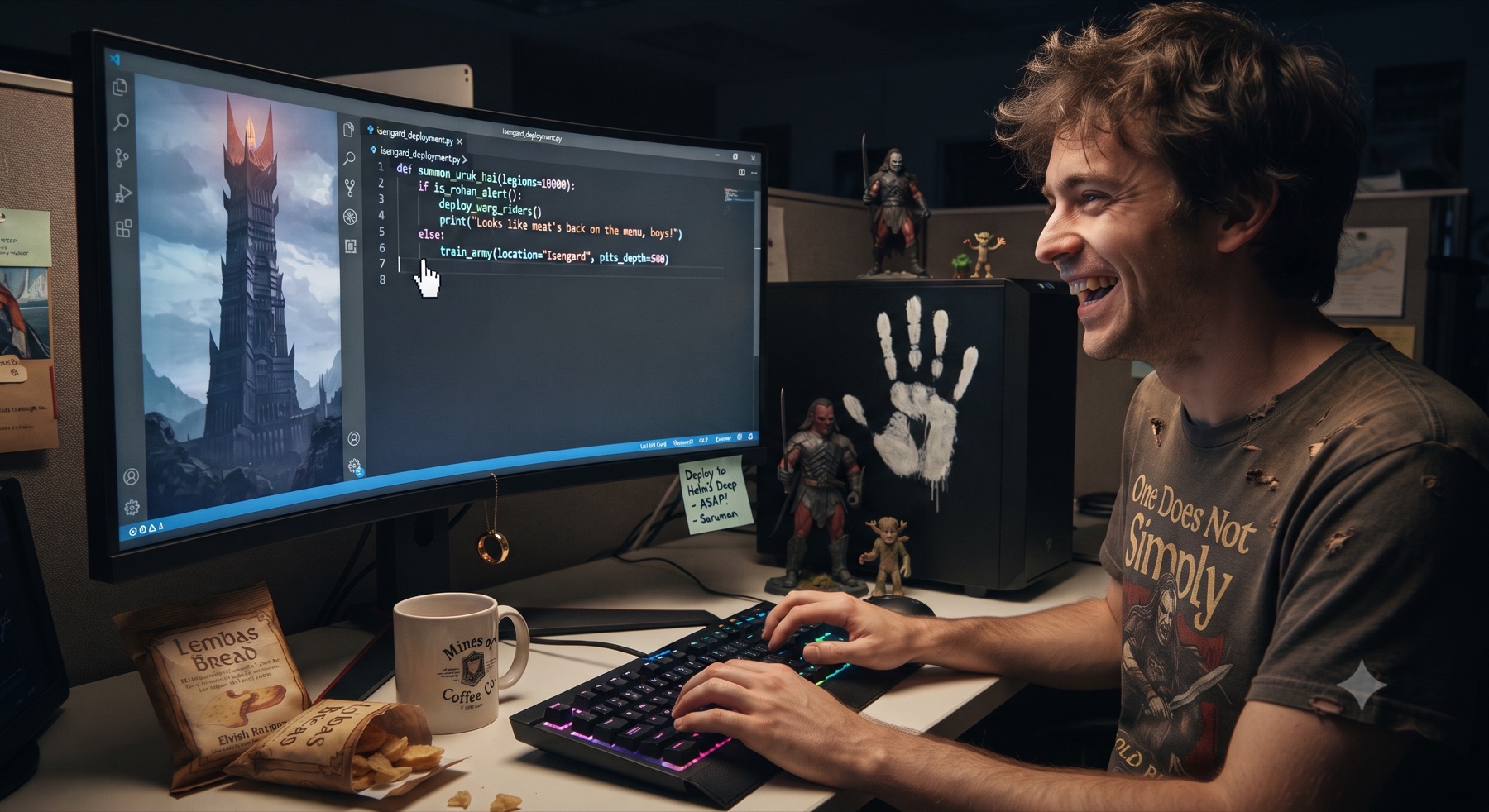 An eager developer vibe-coding an Isengard army deployment beside a computer marked with the White Hand
