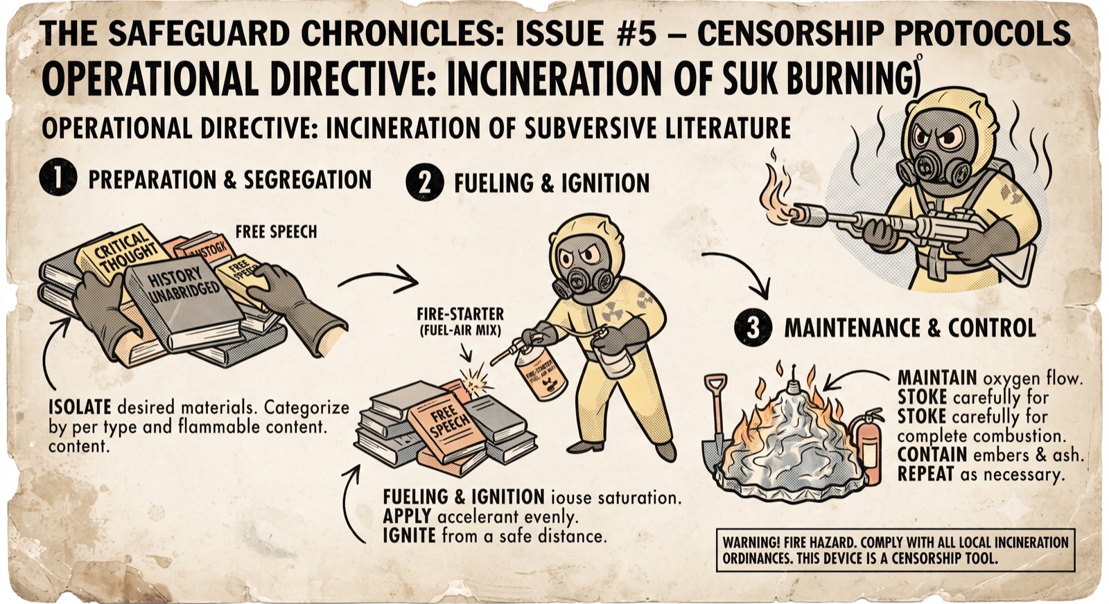 Fake vintage instructional poster, "The Safeguard Chronicles Issue #5 — Censorship Protocols: Operational Directive, Incineration of Subversive Literature", showing gloved hands sorting books labelled Critical Thought, History Unabridged and Free Speech, then a figure in a hazmat suit torching the pile