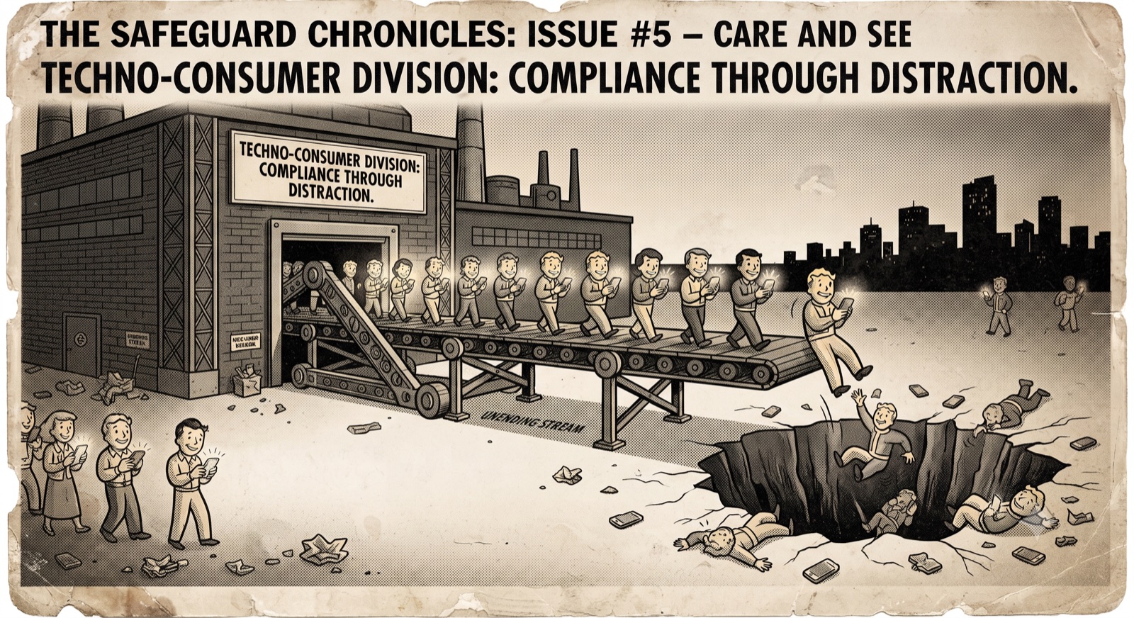 Fake vintage poster, "Techno-Consumer Division: Compliance Through Distraction", showing a factory conveyor belt carrying smiling people staring into glowing phones, walking off the end into a pit full of bodies