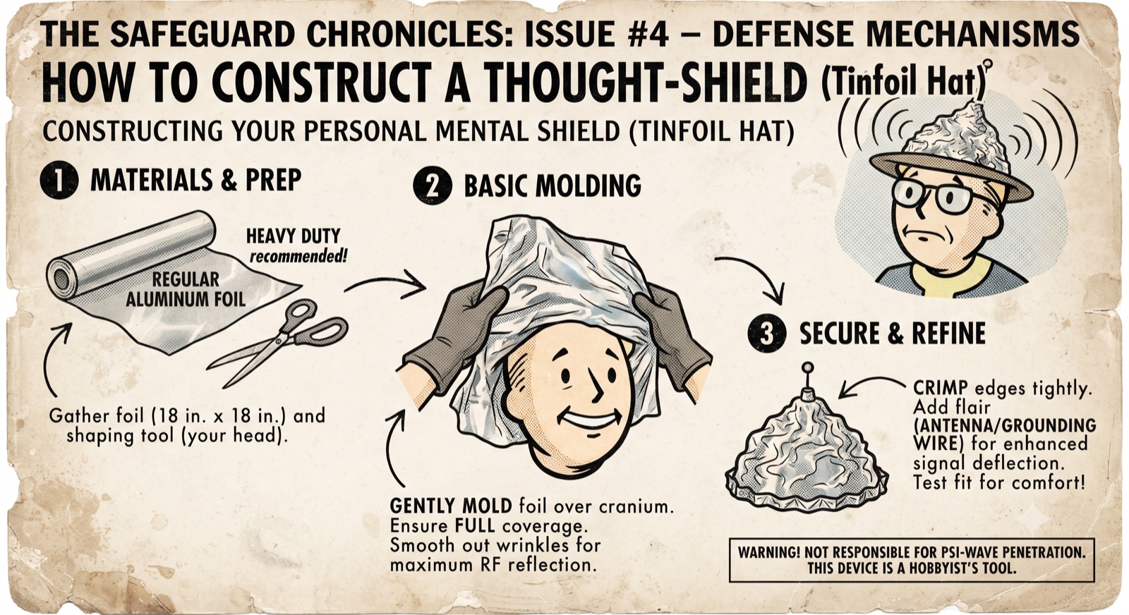 Fake vintage instructional poster, "The Safeguard Chronicles Issue #4 — Defense Mechanisms: How to Construct a Thought-Shield (Tinfoil Hat)", showing three steps for molding aluminum foil over a head